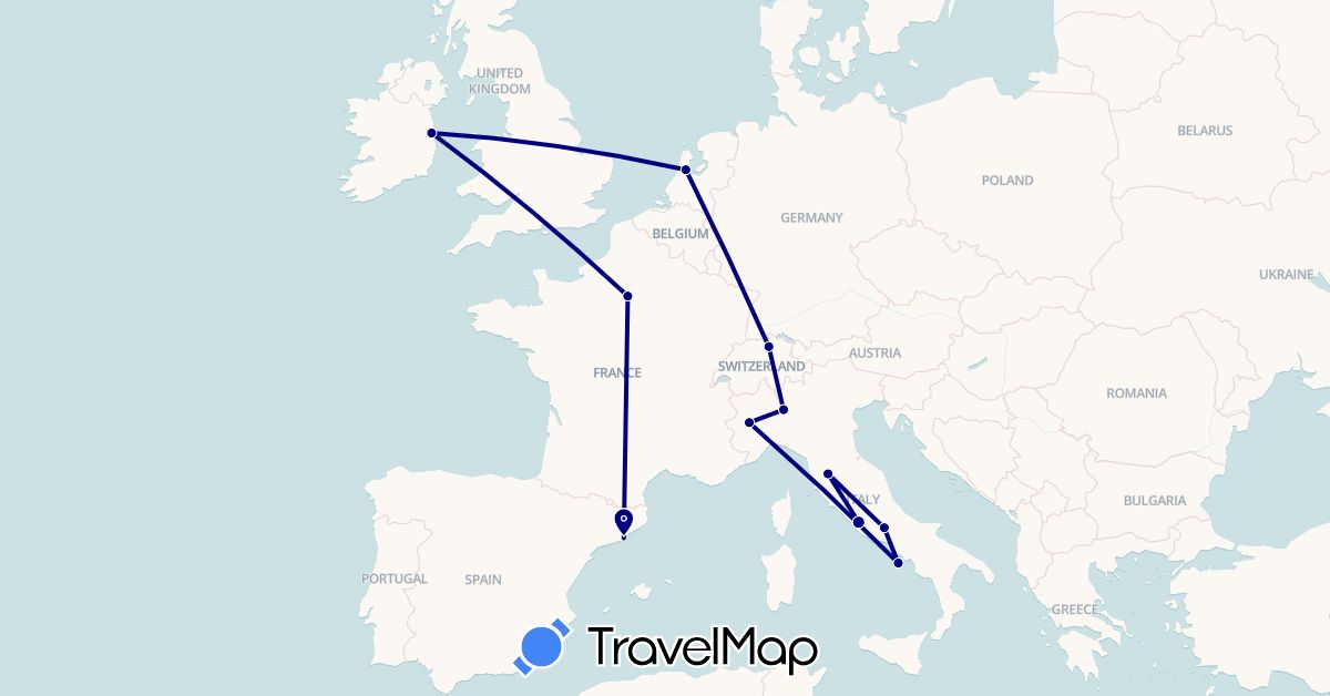 TravelMap itinerary: driving in Switzerland, Spain, France, Ireland, Italy, Netherlands (Europe)